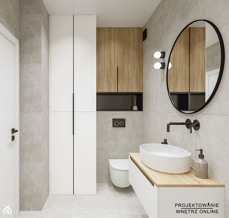 Projekt mieszkania z akcentem drewna - Średnia bez okna z lustrem z punktowym oświetleniem łazienka, styl nowoczesny - zdjęcie od Projektowanie Wnetrz Online