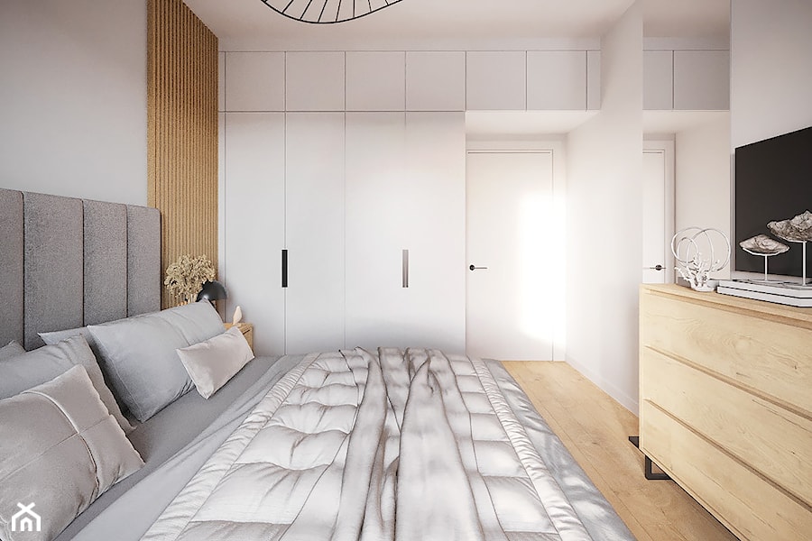 Projekt małego mieszkania w bieli i drewnie z akcentami czerni - Sypialnia, styl nowoczesny - zdjęcie od Projektowanie Wnetrz Online