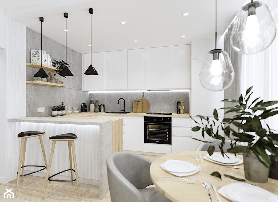 Salon z kuchnią w jasnych kolorach z czarnymi akcenatmi - Kuchnia, styl nowoczesny - zdjęcie od Projektowanie Wnetrz Online