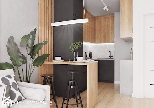 Projekt małego mieszkania w szarościach i drewnie - Kuchnia, styl nowoczesny - zdjęcie od Projektowanie Wnetrz Online