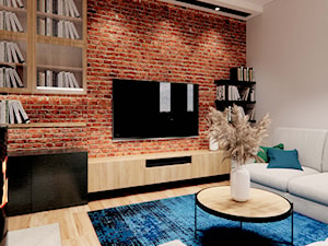 Projekt salonu ze ścianą z cegły - zdjęcie od Projektowanie Wnetrz Online