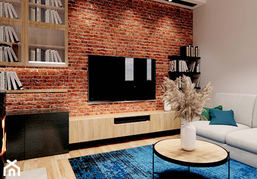 Projekt salonu ze ścianą z cegły - zdjęcie od Projektowanie Wnetrz Online