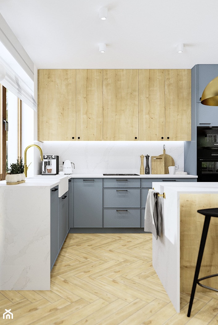 Aranżacja salonu z aneksem i wyspą ze złotymi dodatkami - Kuchnia, styl nowoczesny - zdjęcie od Projektowanie Wnetrz Online - Homebook