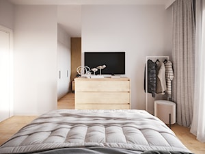 Projekt małego mieszkania w bieli i drewnie z akcentami czerni - Sypialnia, styl nowoczesny - zdjęcie od Projektowanie Wnetrz Online