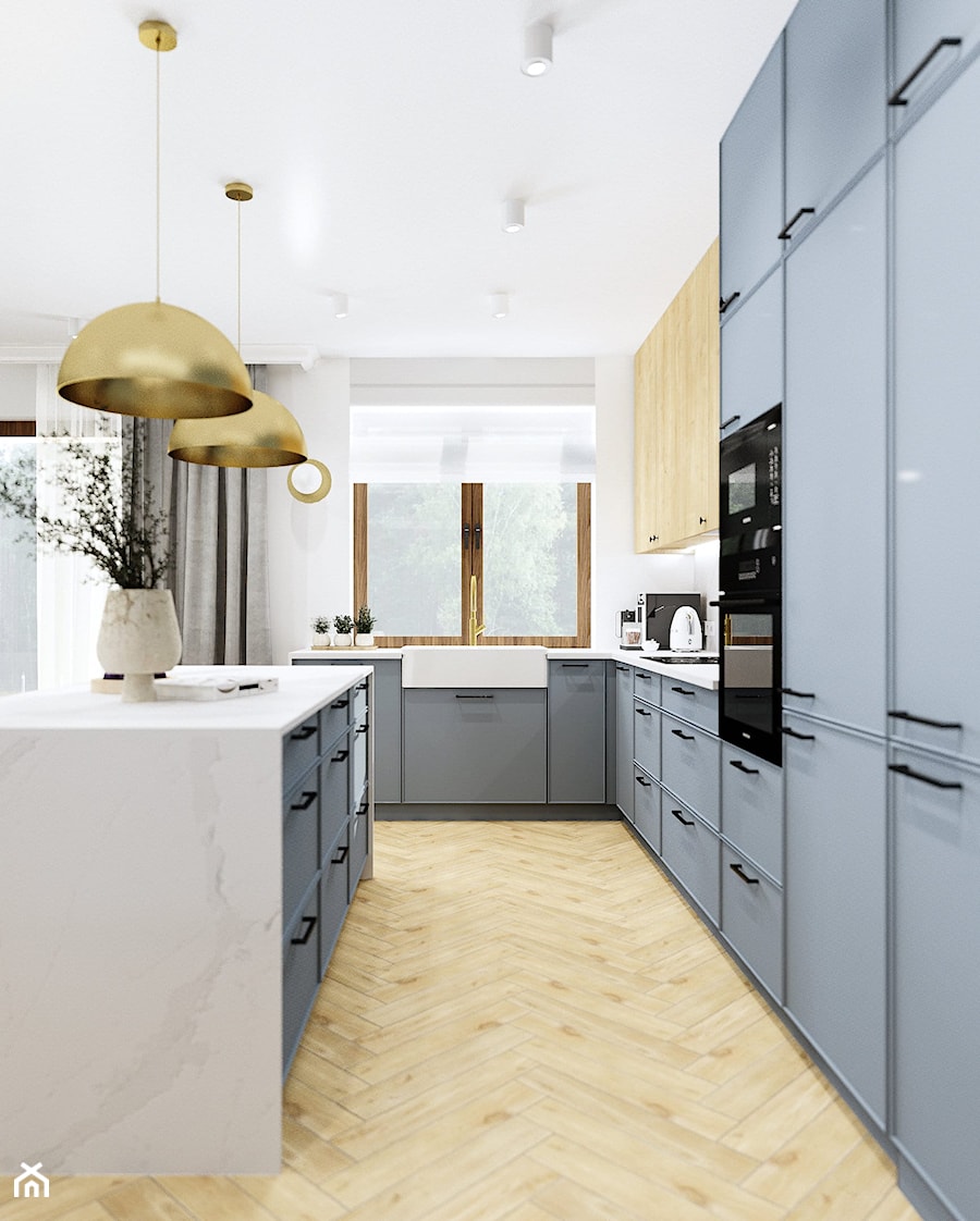 Aranżacja salonu z aneksem i wyspą ze złotymi dodatkami - Kuchnia, styl nowoczesny - zdjęcie od Projektowanie Wnetrz Online