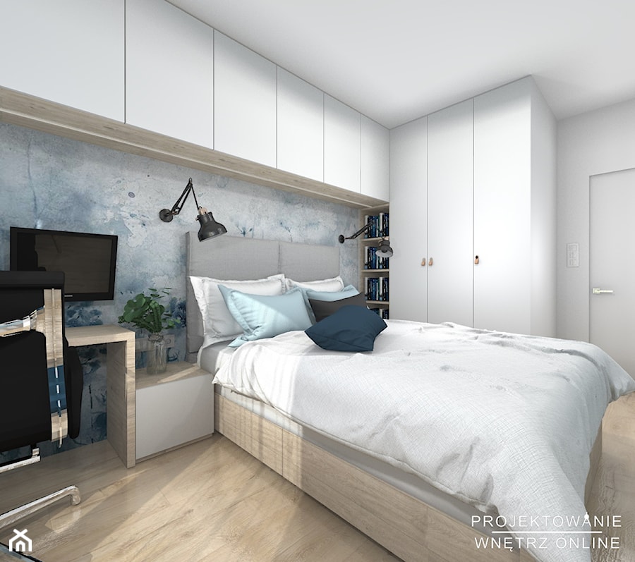 Sypialnia z dedykowaną zabudową meblową - Średnia biała szara z biurkiem sypialnia - zdjęcie od Projektowanie Wnetrz Online
