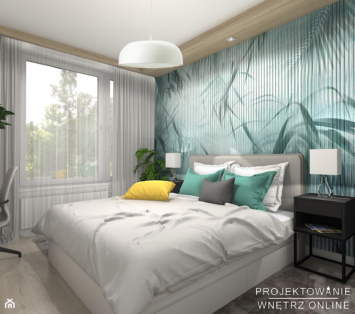 Sypialnia w kolorze turkusowym - Średnia biała zielona z biurkiem sypialnia - zdjęcie od Projektowanie Wnetrz Online - Homebook