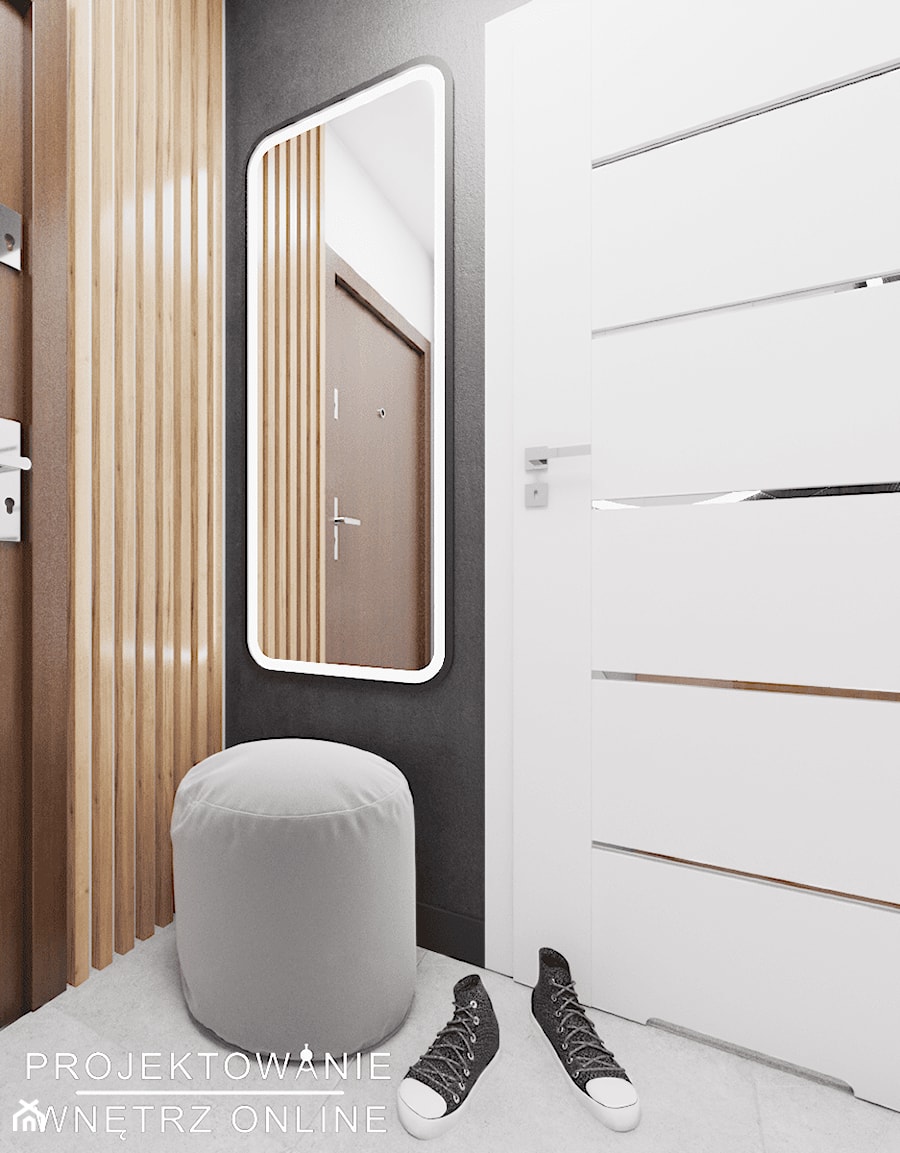 Projekt małego mieszkania w szarościach i drewnie - Hol / przedpokój, styl nowoczesny - zdjęcie od Projektowanie Wnetrz Online