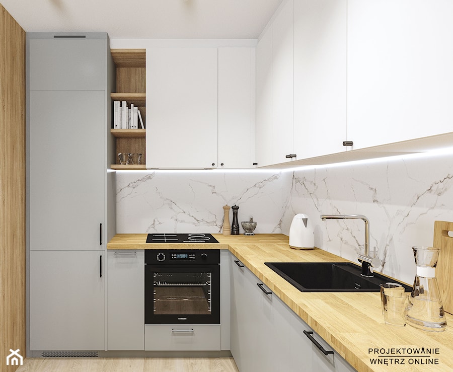 Projekt mieszkania z akcentem drewna - Kuchnia, styl nowoczesny - zdjęcie od Projektowanie Wnetrz Online