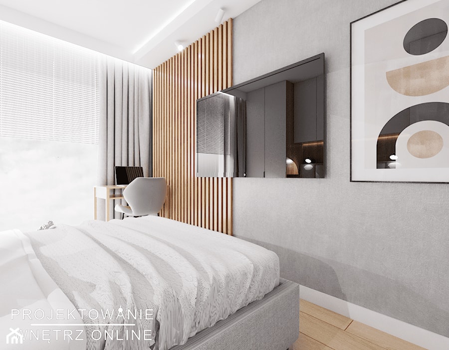 Projekt małego mieszkania w szarościach i drewnie - Sypialnia, styl nowoczesny - zdjęcie od Projektowanie Wnetrz Online