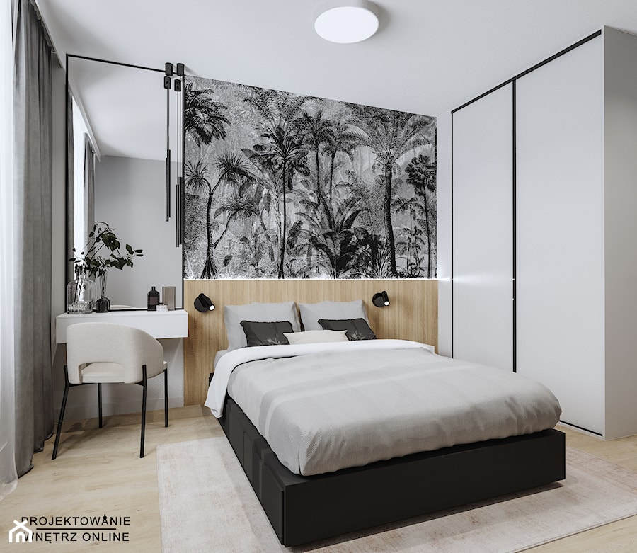 Projekt mieszkania z akcentem drewna - Sypialnia, styl nowoczesny - zdjęcie od Projektowanie Wnetrz Online