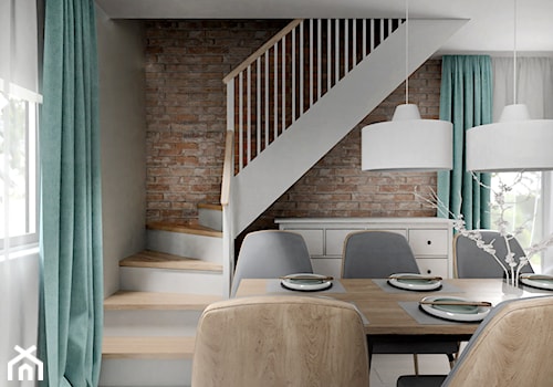 Duży salon z kuchnią i schodami na piętro oraz niebieskimi dodatkami - Jadalnia - zdjęcie od Projektowanie Wnetrz Online