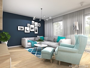 Projekt salonu z niebieską ścianą - Średni niebieski szary salon - zdjęcie od Projektowanie Wnetrz Online