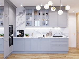Projekt mieszkania z dodatkiem sztukaterii - Średnia otwarta z zabudowaną lodówką kuchnia w kształcie litery l, styl nowoczesny - zdjęcie od Projektowanie Wnetrz Online
