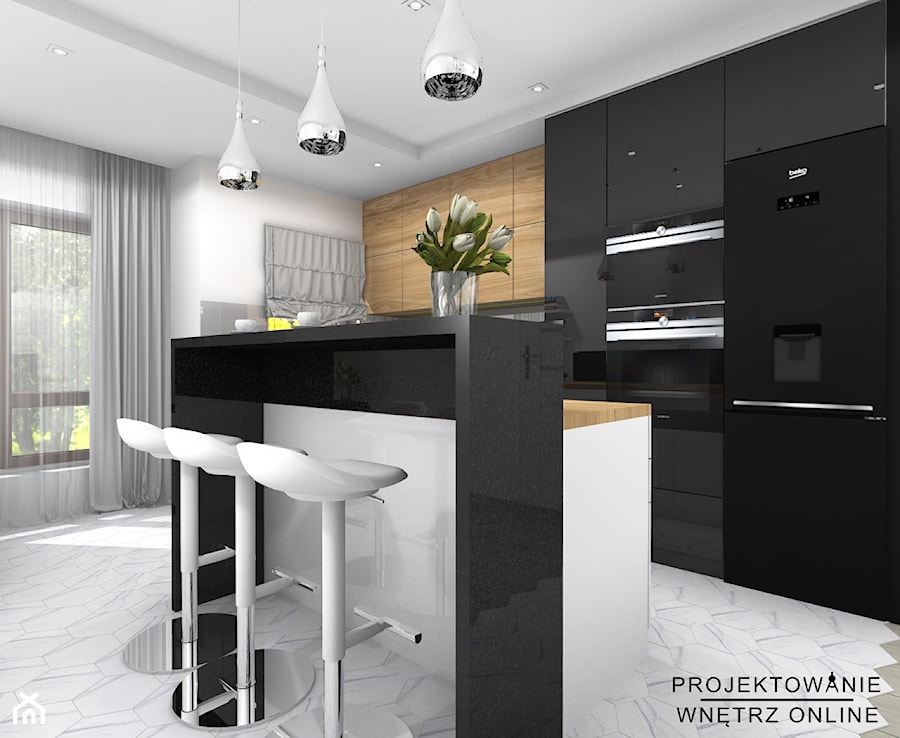 Projekt kuchni z jadalnią biel, czerń drewno i hexagony - zdjęcie od Projektowanie Wnetrz Online