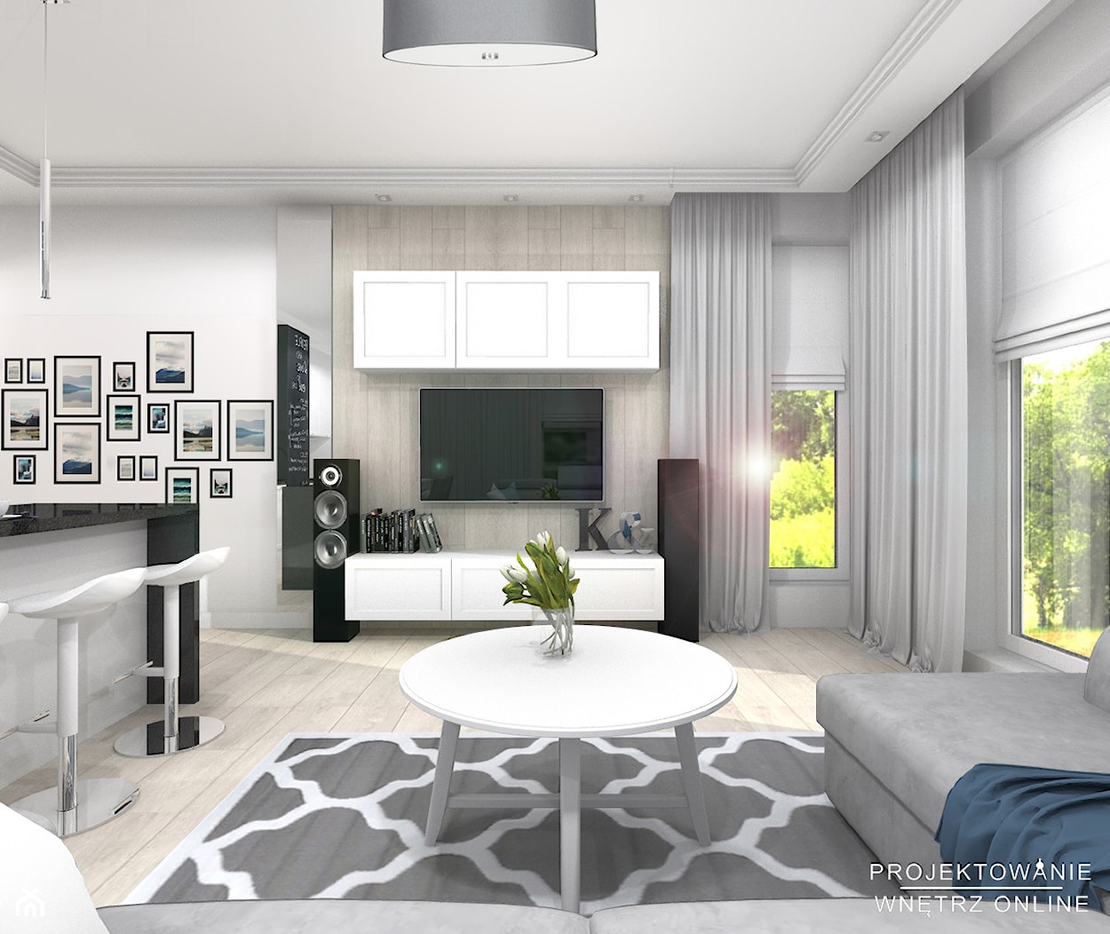 Projekt salonu z kuchnią w szarości i bieli ze ściana z białych kafelków - zdjęcie od Projektowanie Wnetrz Online - Homebook