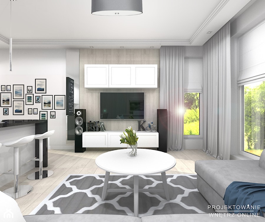 Projekt salonu z kuchnią w szarości i bieli ze ściana z białych kafelków - zdjęcie od Projektowanie Wnetrz Online