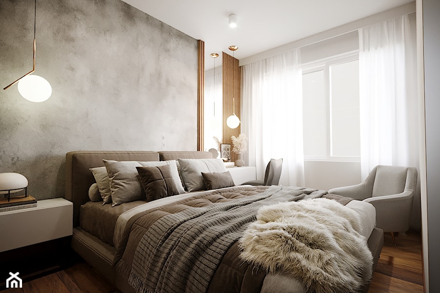 Nowoczesne mieszkanie ze sztukaterią - Mała biała szara sypialnia, styl nowoczesny - zdjęcie od Projektowanie Wnetrz Online