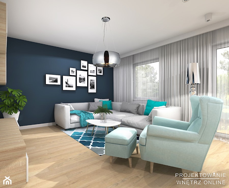 Projekt salonu z niebieską ścianą - Średni czarny szary salon - zdjęcie od Projektowanie Wnetrz Online