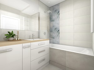 Łazienka w drewnie i bieli - Mała z lustrem z punktowym oświetleniem łazienka z oknem - zdjęcie od Projektowanie Wnetrz Online