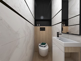 Projekt łazienki oraz wc w stylu minimalistycznym i czarna armatura