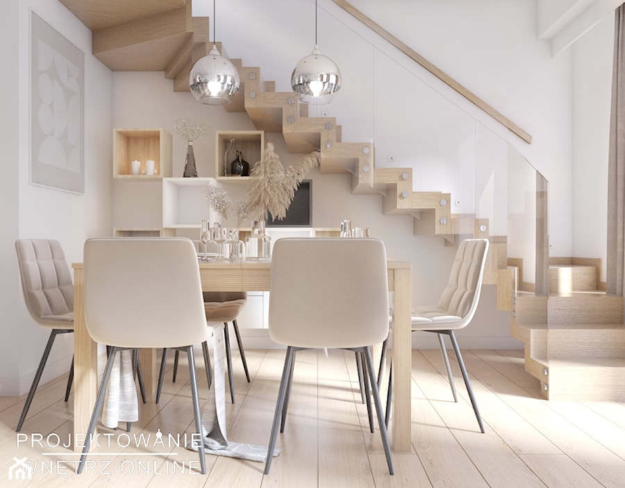 Aranżacja dwupoziomowego mieszkania - Średnia biała jadalnia jako osobne pomieszczenie, styl nowoczesny - zdjęcie od Projektowanie Wnetrz Online