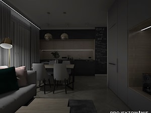 Salon z kuchnią w ciemnych kolorach - Mały czarny szary salon z kuchnią z jadalnią - zdjęcie od Projektowanie Wnetrz Online