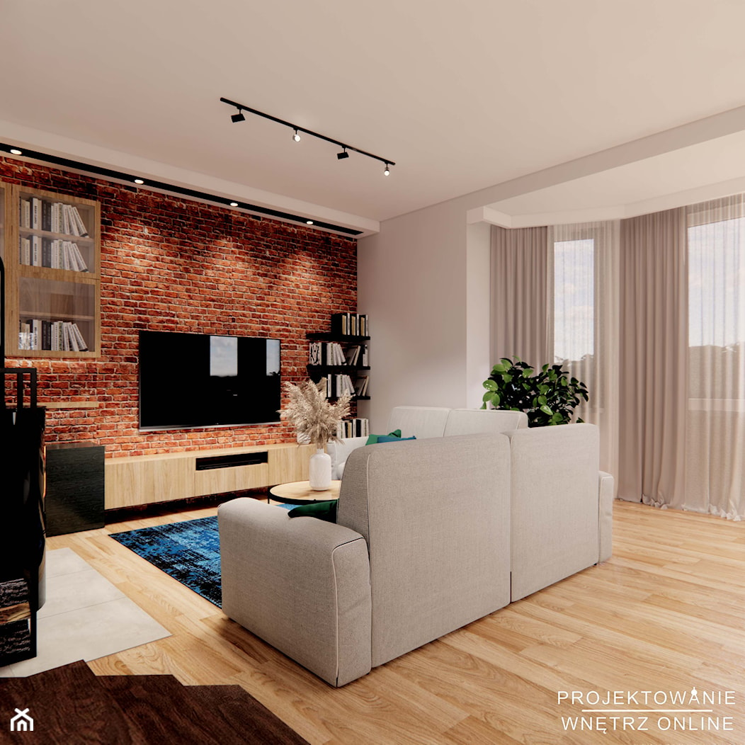 Projekt salonu ze ścianą z cegły - zdjęcie od Projektowanie Wnetrz Online - Homebook