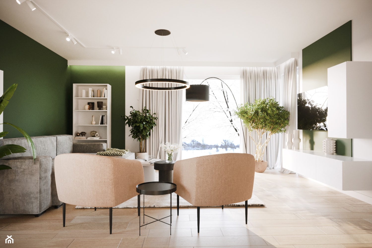 Salon w kolorach ziemi z zieloną ścianą w beżowym zestawieniu - Salon, styl nowoczesny - zdjęcie od Projektowanie Wnetrz Online - Homebook