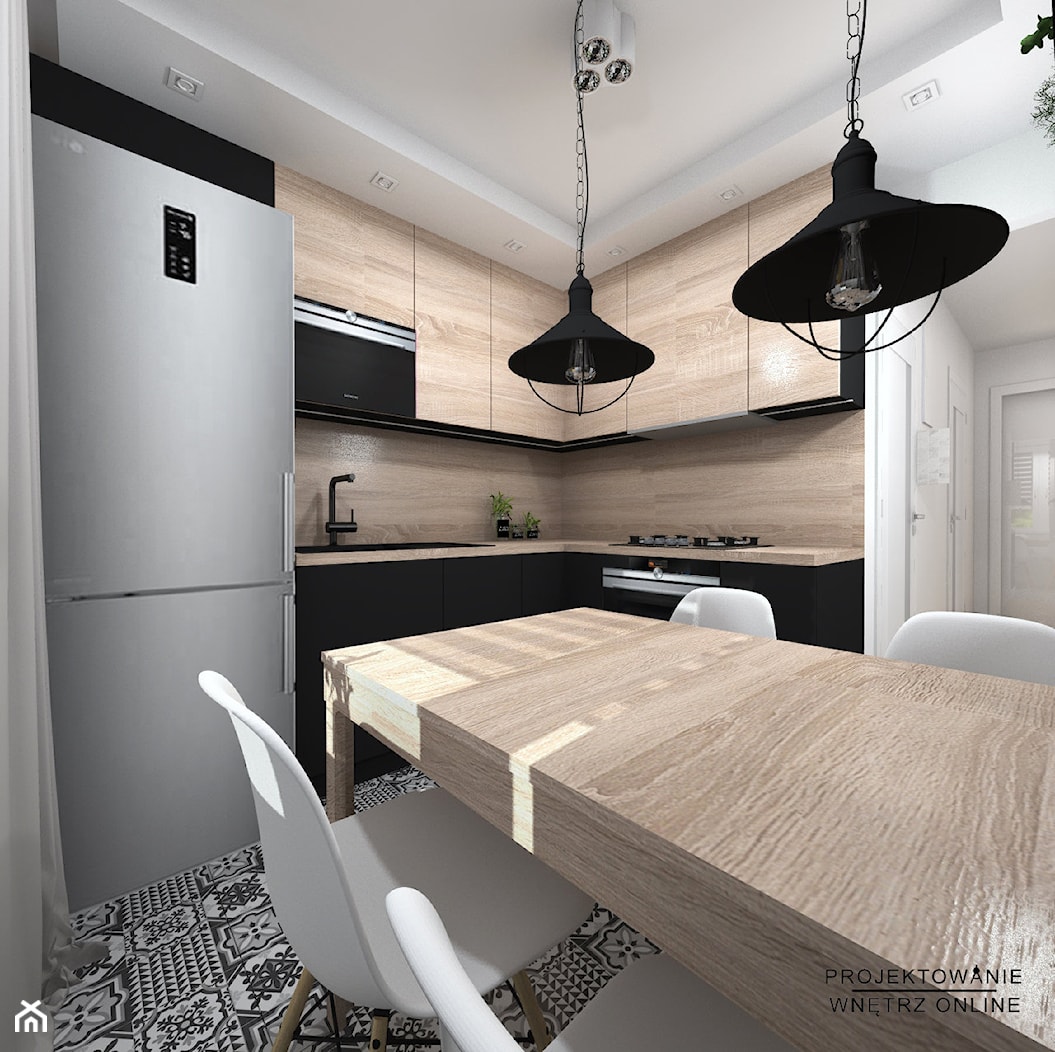 Projekt kuchni w drewnie i czerni z podłoga typu patchwork - zdjęcie od Projektowanie Wnetrz Online - Homebook