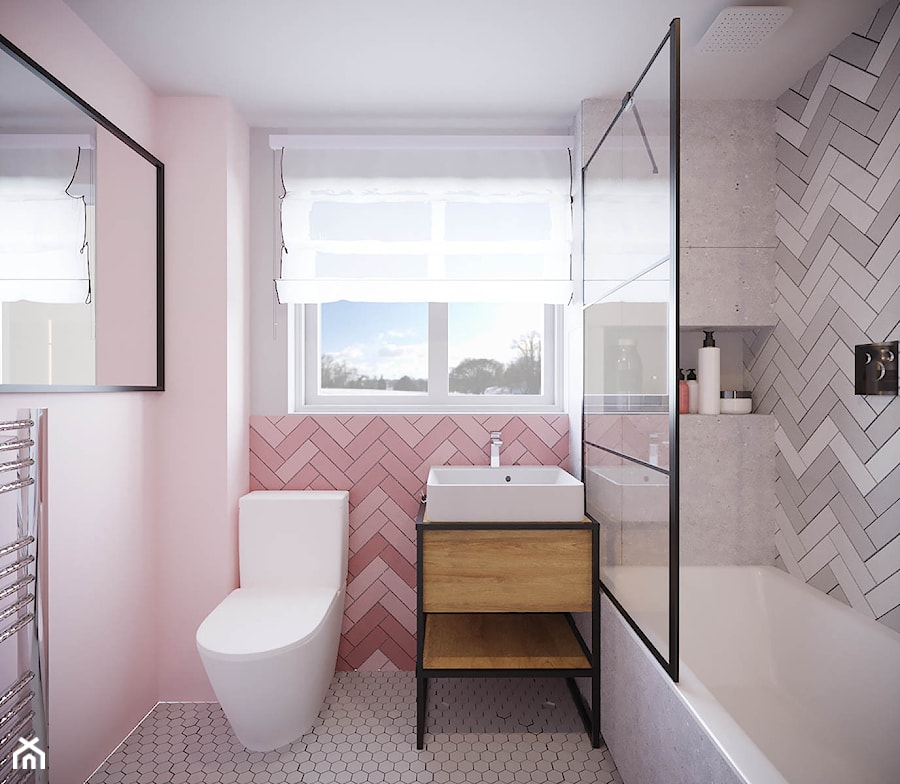 Projekt łazienki z różową jodełką - Łazienka, styl nowoczesny - zdjęcie od Projektowanie Wnetrz Online