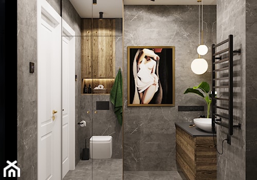 Projekt mieszkania z dodatkiem sztukaterii - Duża z lustrem z punktowym oświetleniem łazienka, styl nowoczesny - zdjęcie od Projektowanie Wnetrz Online