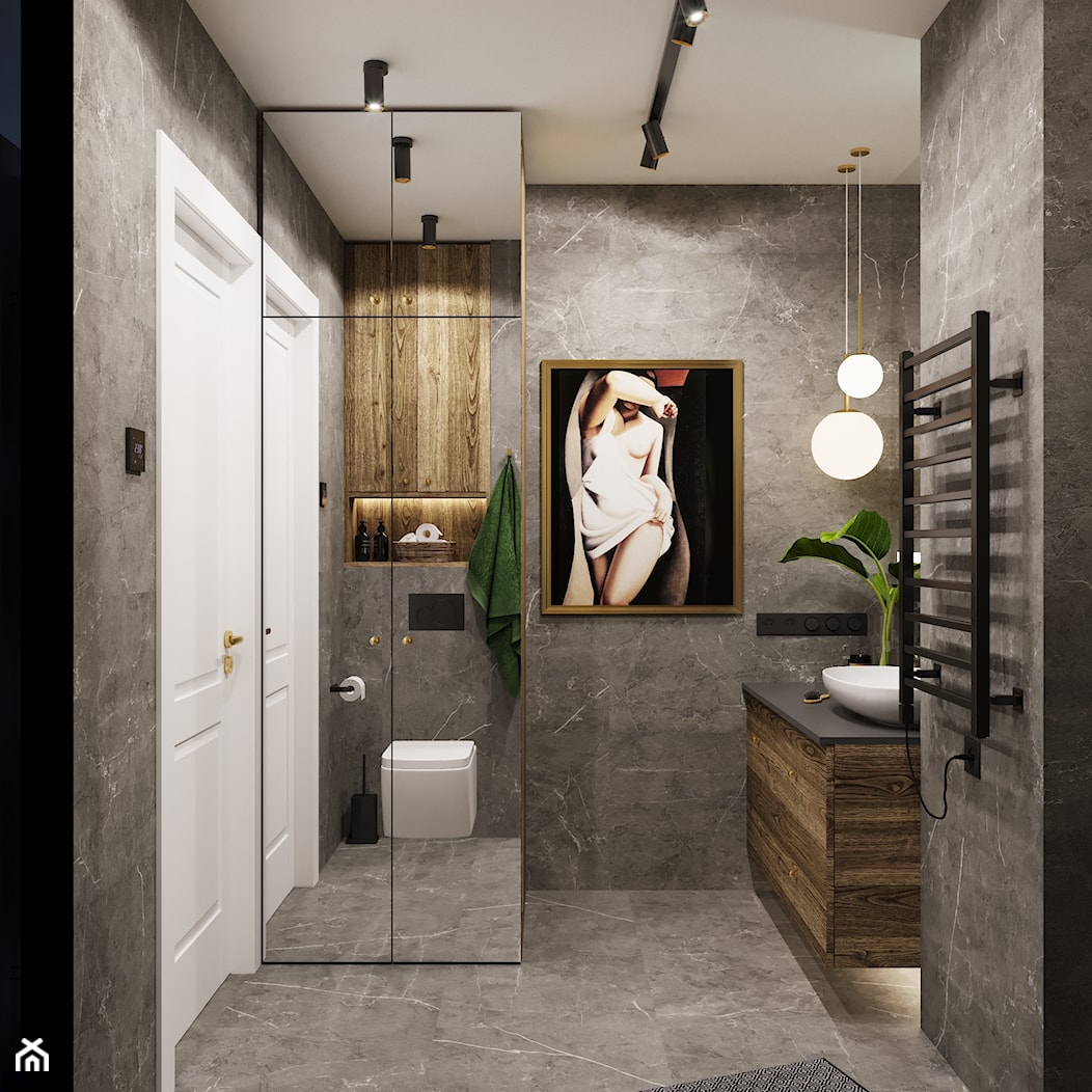 Projekt mieszkania z dodatkiem sztukaterii - Duża z lustrem z punktowym oświetleniem łazienka, styl nowoczesny - zdjęcie od Projektowanie Wnetrz Online - Homebook