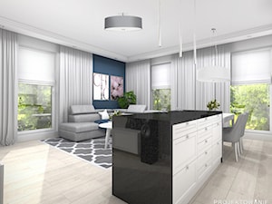 Projekt salonu z kuchnią w szarości i bieli ze ściana z białych kafelków - zdjęcie od Projektowanie Wnetrz Online