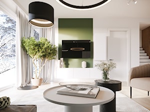 Salon w kolorach ziemi z zieloną ścianą w beżowym zestawieniu - Salon, styl nowoczesny - zdjęcie od Projektowanie Wnetrz Online