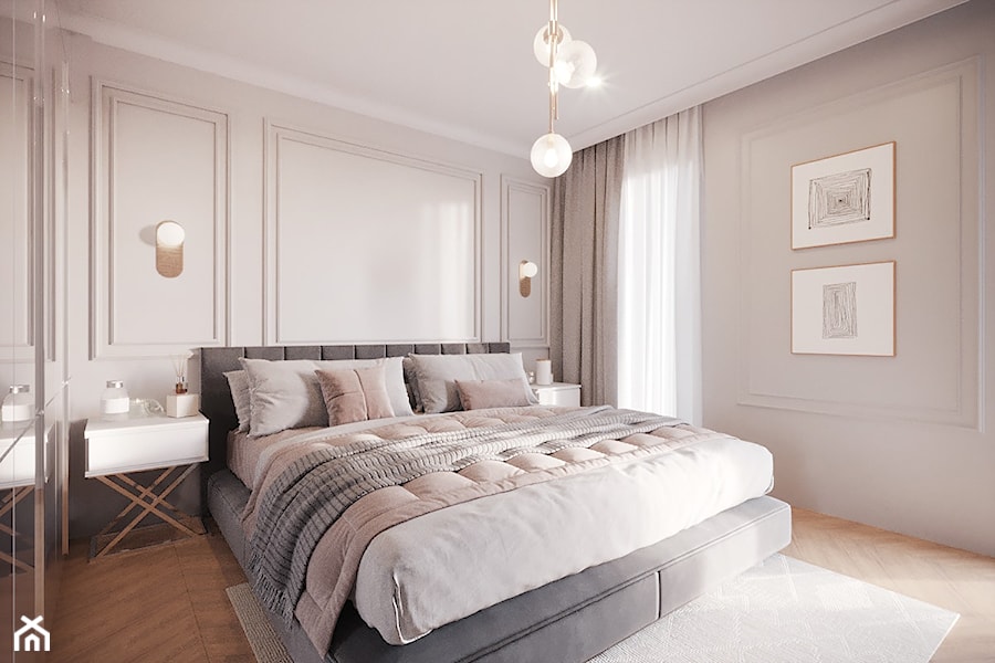 Jasne wnętrze ze sztukaterią - Średnia beżowa biała sypialnia, styl nowoczesny - zdjęcie od Projektowanie Wnetrz Online