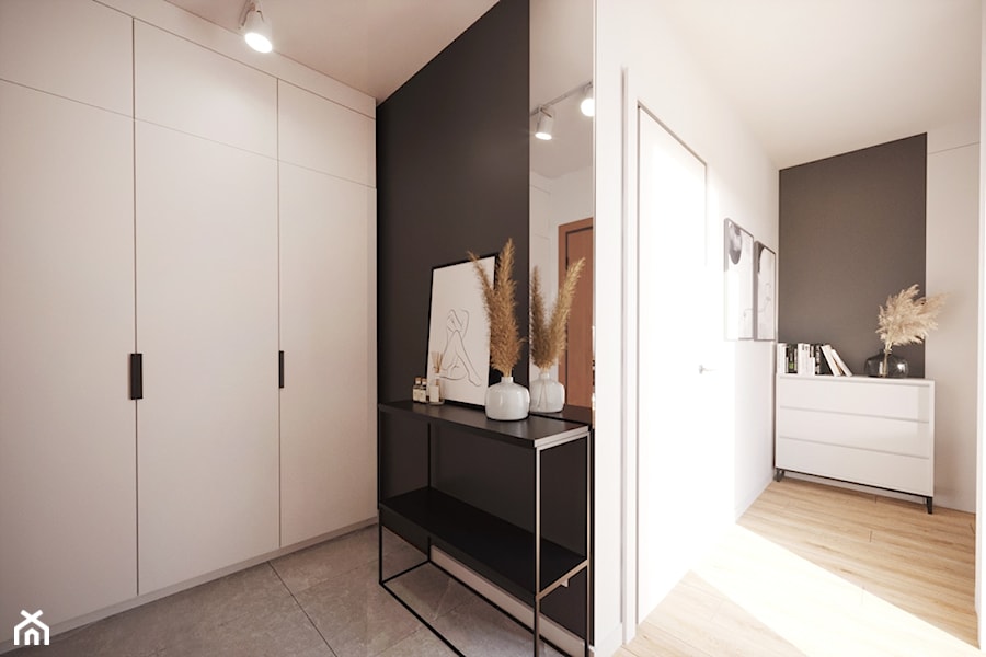 Projekt małego mieszkania w bieli i drewnie z akcentami czerni - Hol / przedpokój, styl nowoczesny - zdjęcie od Projektowanie Wnetrz Online