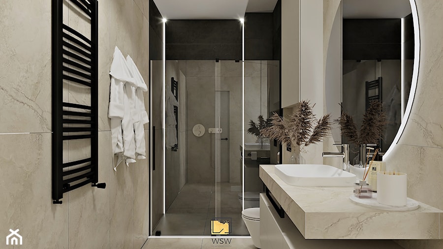 nowoczesna i elegancka łazienka w beżach i czerni z prysznicem - zdjęcie od Wydział Spraw Wewnętrznych
