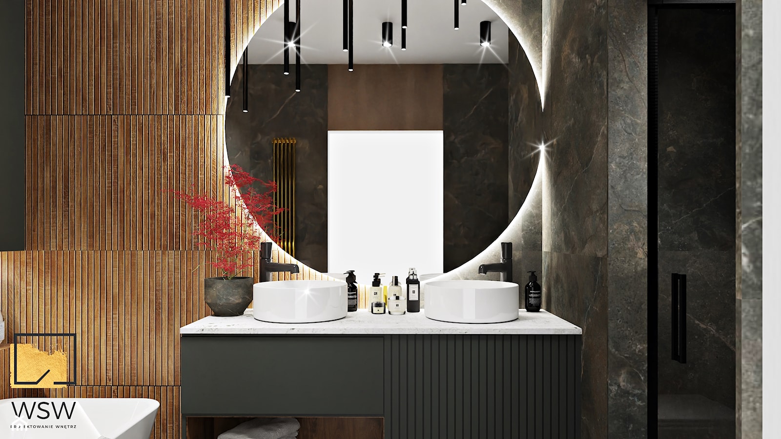 Japandi w wersji ciemnej, łazienka 8m2 z wanną i prysznicem - zdjęcie od Wydział Spraw Wewnętrznych - Homebook