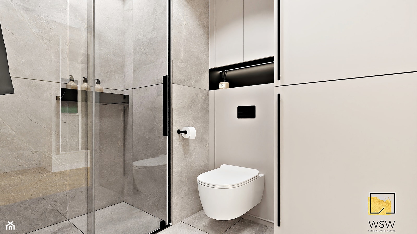 elegancka łazienka w szarobeżach z dodatkiem bordo z prysznicem - zdjęcie od Wydział Spraw Wewnętrznych - Homebook