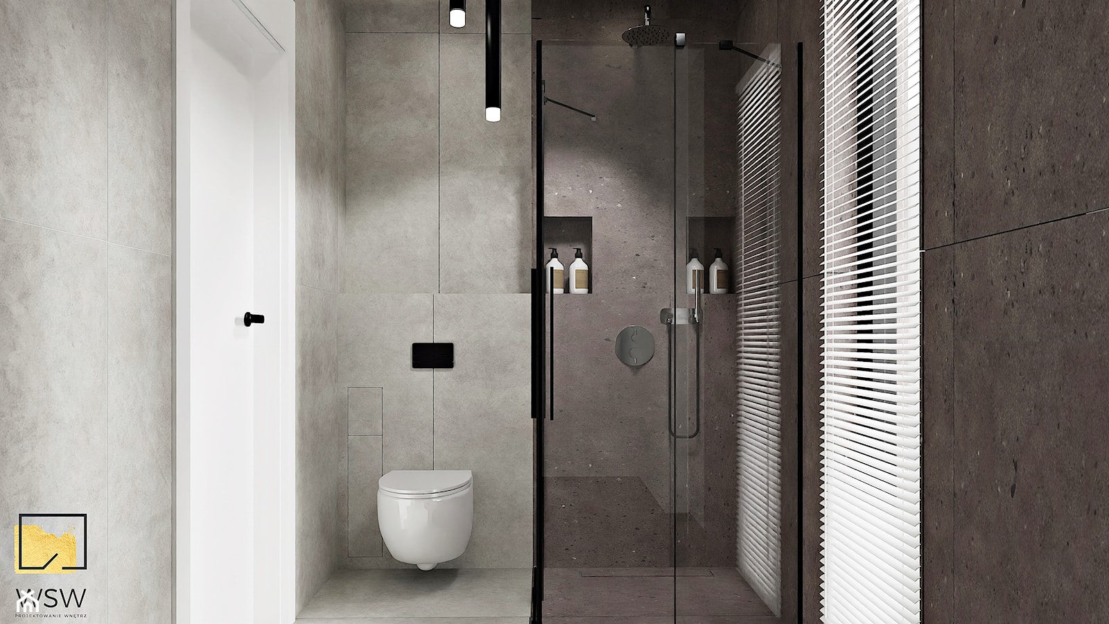 nowoczesna łazienka w dwóch odcieniach szarości z prysznicem - zdjęcie od Wydział Spraw Wewnętrznych - Homebook