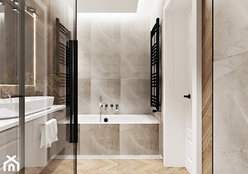 Szaro-drewniana łazienka z wanną i prysznicem z płytkami w jodełkę - zdjęcie od Wydział Spraw Wewnętrznych
