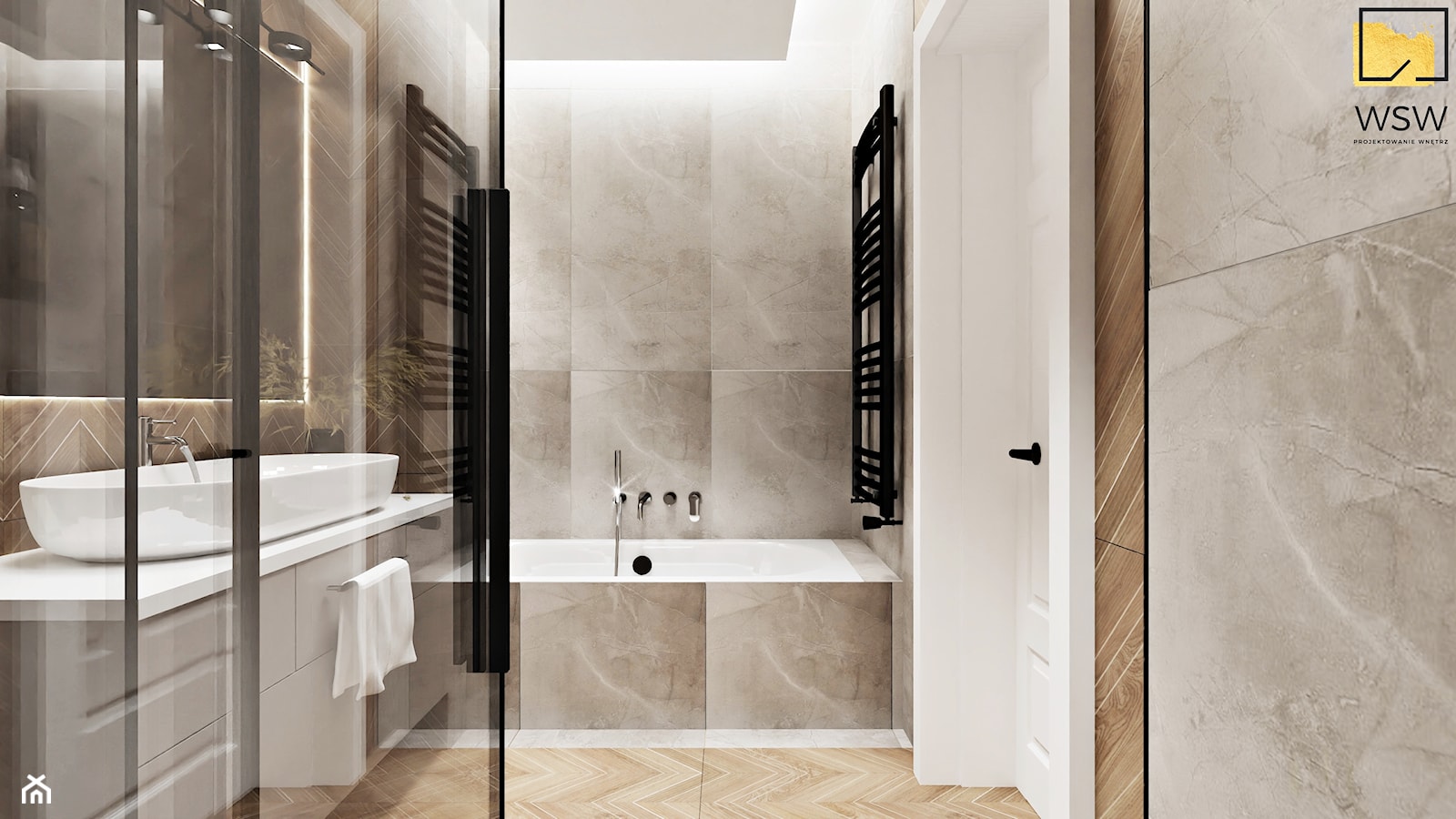 Szaro-drewniana łazienka z wanną i prysznicem z płytkami w jodełkę - zdjęcie od Wydział Spraw Wewnętrznych - Homebook