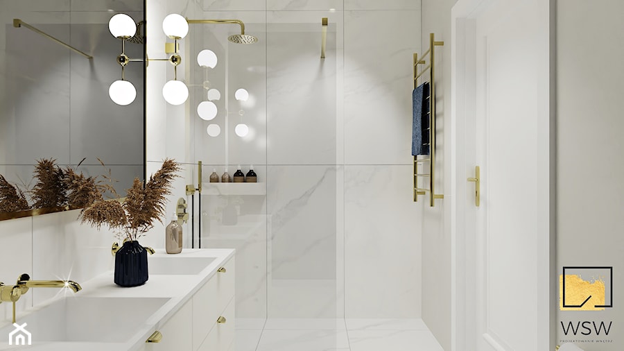 płytki marmur, calacatta, łazienka modern classic, jasna łazienka ze złotem - zdjęcie od Wydział Spraw Wewnętrznych