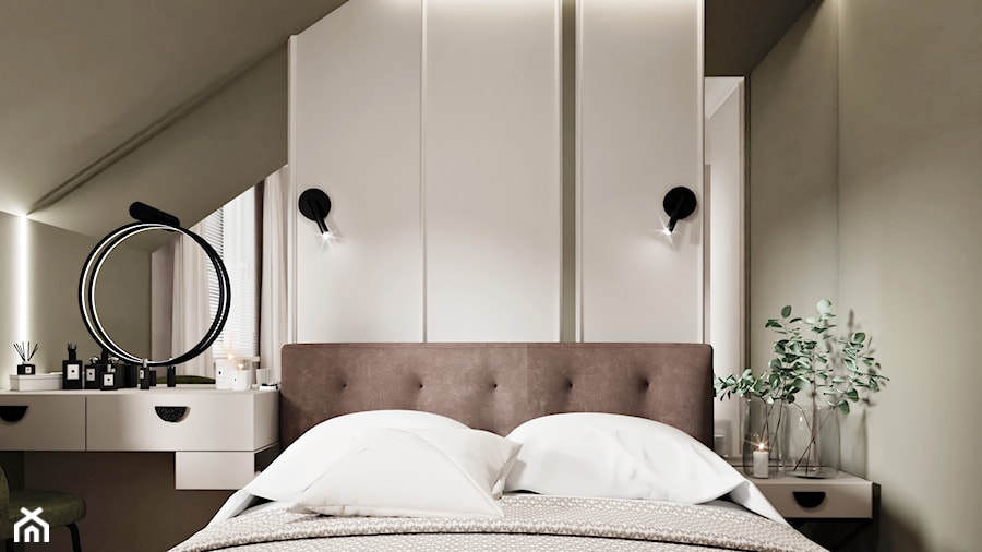 Beżowo-oliwkowa, khaki sypialnia w stylu modern classic na poddaszu - zdjęcie od Wydział Spraw Wewnętrznych