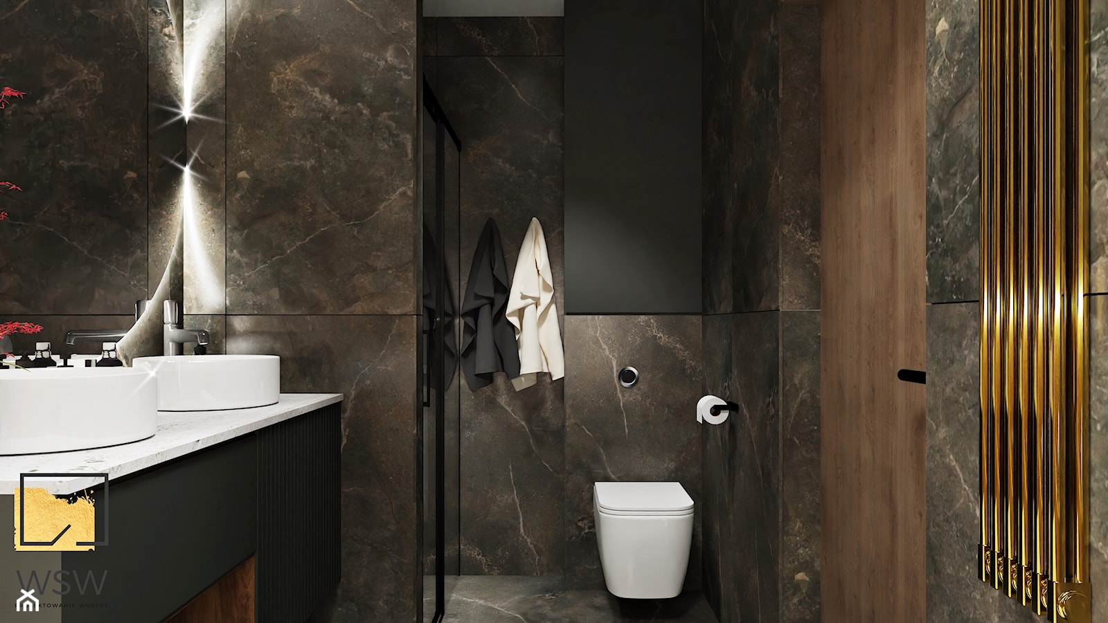Japandi w wersji ciemnej, łazienka 8m2 z wanną i prysznicem - zdjęcie od Wydział Spraw Wewnętrznych - Homebook