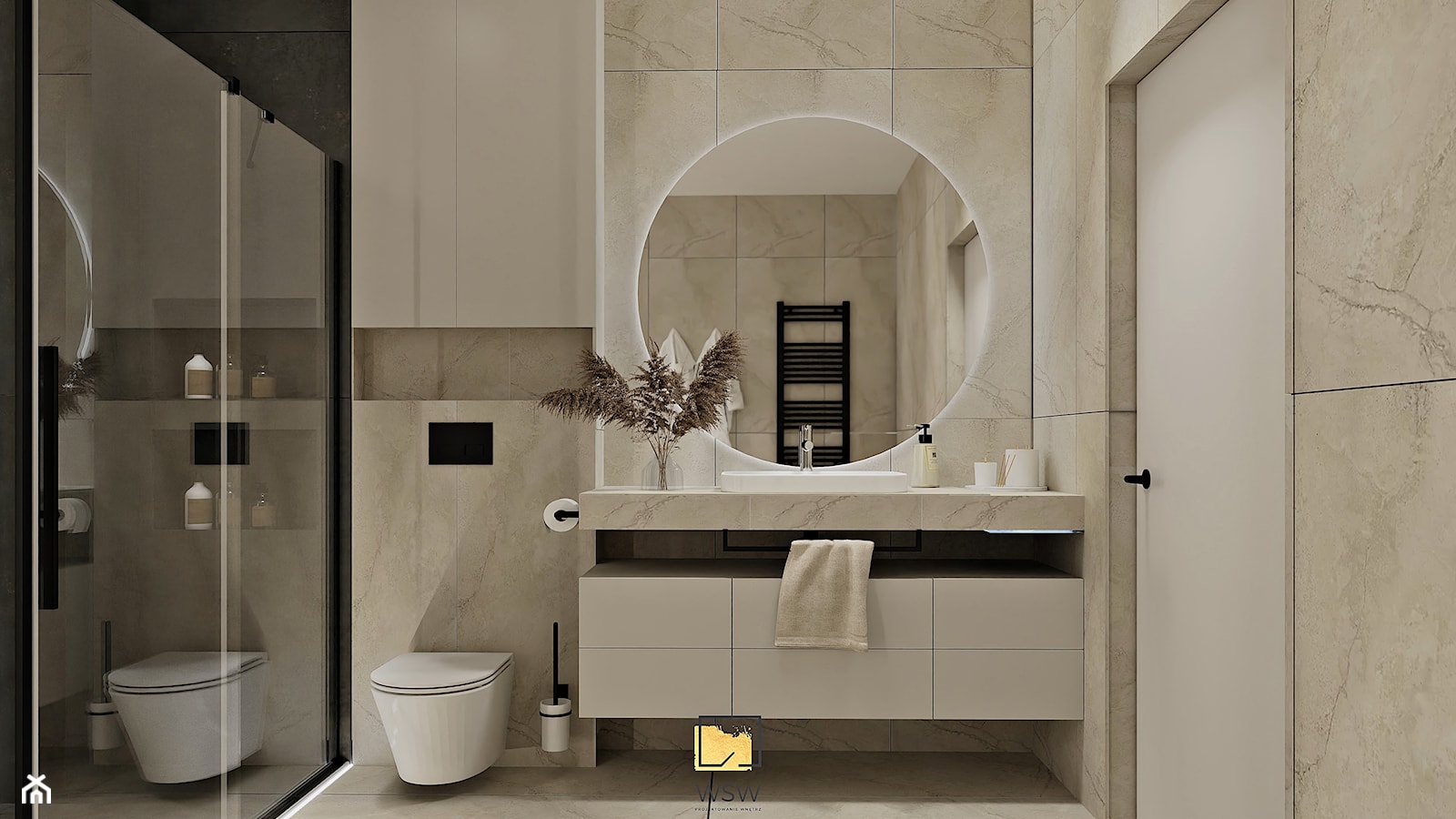 nowoczesna i elegancka łazienka w beżach i czerni z prysznicem - zdjęcie od Wydział Spraw Wewnętrznych - Homebook