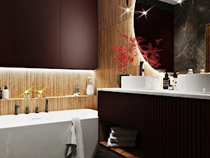 japandi w wersji ciemnej, czyli  łazienka z dodatkiem drewna