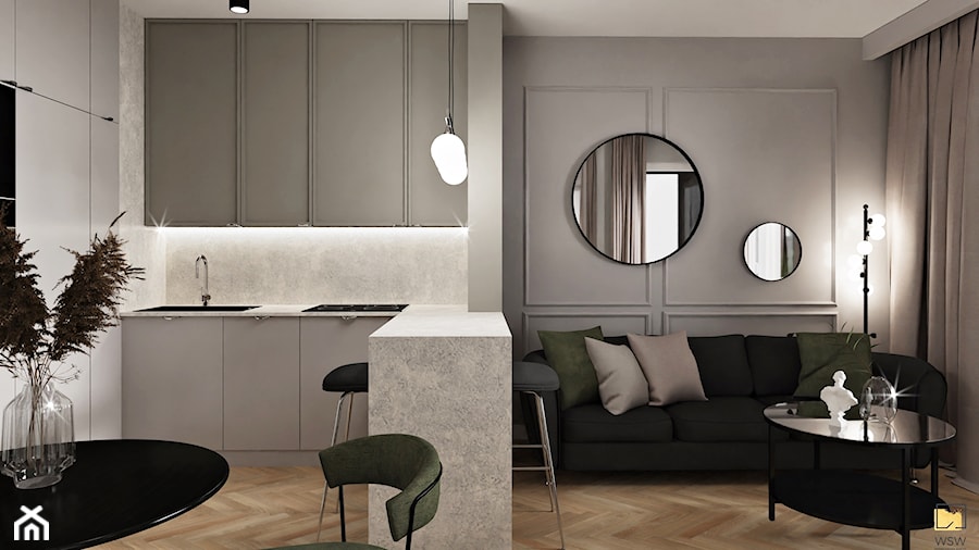 salon z aneksem kuchennym modern classic, bezowy, kremowy, brązowy, czarny - zdjęcie od Wydział Spraw Wewnętrznych