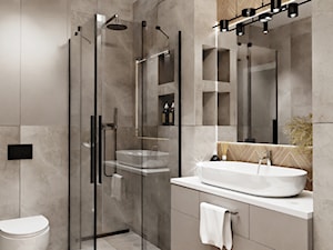Szaro-drewniana łazienka z wanną i prysznicem z płytkami w jodełkę - zdjęcie od Wydział Spraw Wewnętrznych
